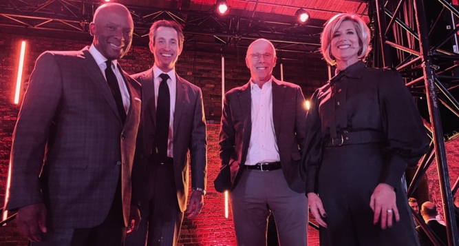 Chris Womack, Ryan Marshall, Rich McKay and Katie Kirkpatrick at the 2024 annual meeting of the Metro Atlanta Chamber of Commerce. (Photo by Maria Saporta.)